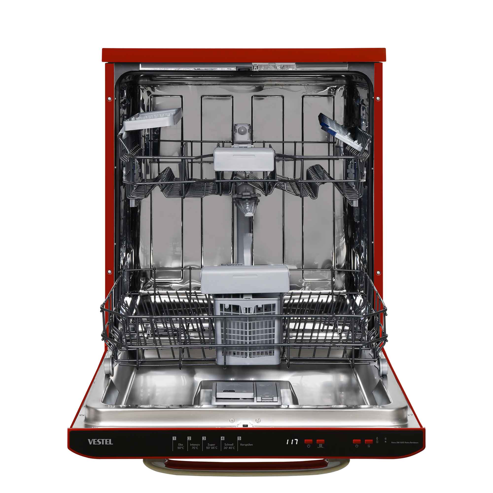 Vestel Retro DW 5001 Bordeaux freistehender Geschirrspüler 14 Maßgedecke 5 Programme