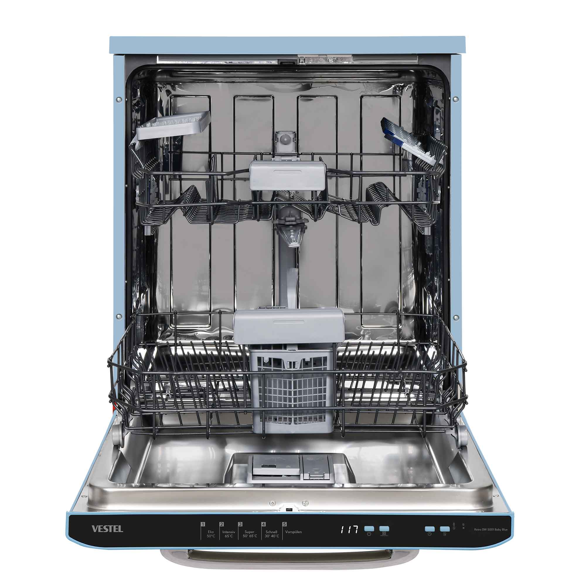 Vestel Retro DW 5001 Baby Blue freistehender Geschirrspüler 14 Maßgedecke 5 Programme